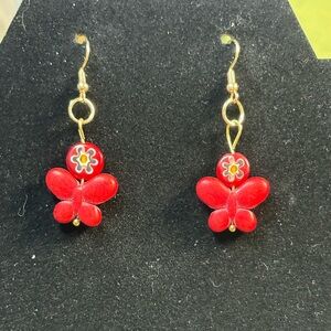 Handmade red butterfly and millefiori dangle earrings